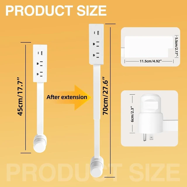 Alt view image 5 of 7 - Electrical Outlet Extender Features USB-A, USB-C, and 2 AC Electrical Outlet Extender Stick for Hard to Reach Spaces Extends 17"-27", Rotates 180°. Use Behind Couches, Nightstands, Desks (1PCS)