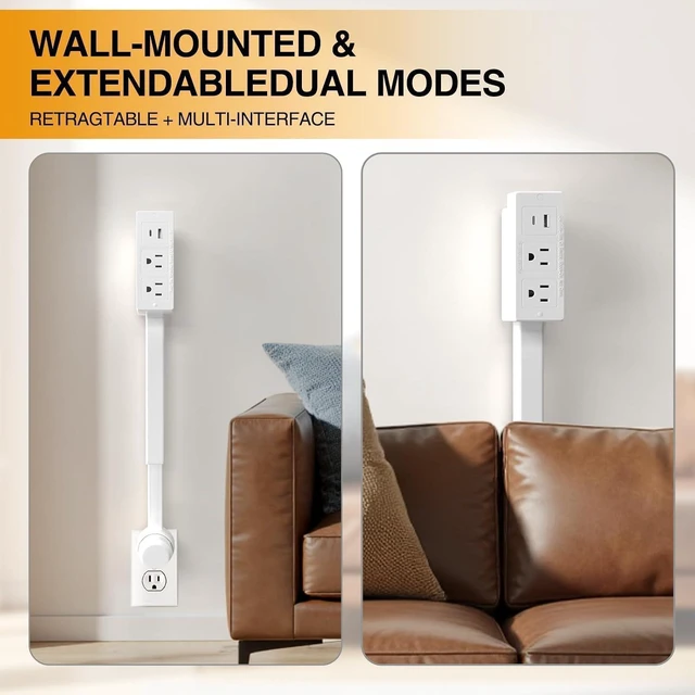 Alt view image 7 of 7 - Electrical Outlet Extender Features USB-A, USB-C, and 2 AC Electrical Outlet Extender Stick for Hard to Reach Spaces Extends 17"-27", Rotates 180°. Use Behind Couches, Nightstands, Desks (1PCS)