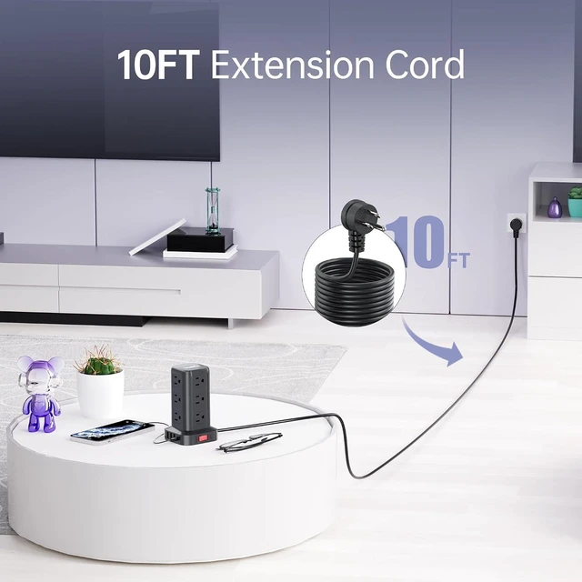 Alt view image 5 of 7 - Tower Power Bar with USB, SMALLRT 10FT Flat Plug Extension Cord Indoor with Multiple Outlets, Desktop Power Strip with 12 Outlet Extender 4 USB for Home Office Dorm Essentials, Black