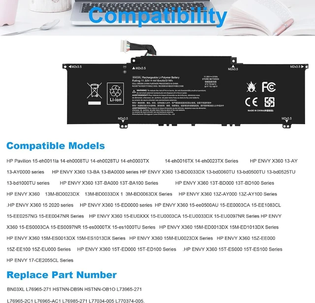 Alt view image 5 of 7 - BN03XL L77034-005 Battery for HP Envy X360 EE/ES 15-ES 13-BA 13-AY 13-ay0xx 15m-ee0xxx HSTNN-DB9N HSTNN-OB1O L73965-271 L76965-271 L76985-271 L76965-2C1 L76965-AC1
