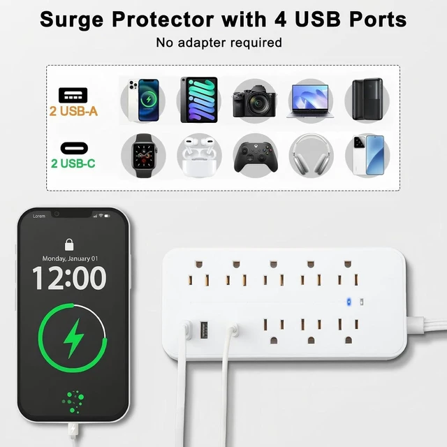 Alt view image 7 of 7 - Flat Extension Cord 25 ft, Extra Long Cord Surge Protector Power Bar with 8 Outlets 4 USB Ports, Extension Cord Indoor, Multiple Outlets Protection for Home, Office, Dorm Room Essentials, White
