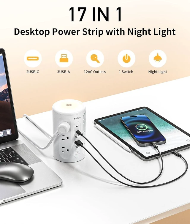 Alt view image 2 of 7 - Power Strip Tower with Night Light, Surge Protector Power Strip with USB Ports, 10 FT Extension Cord with Multiple Outlets (12AC+3A+2C) for Home Office Desk DormRoom (White)