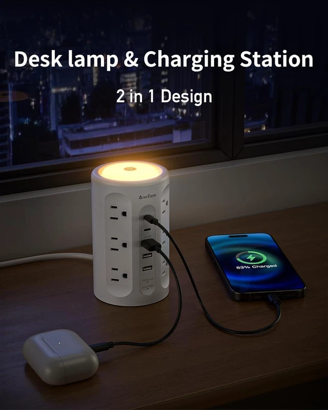 Alt view image 3 of 7 - Power Strip Tower with Night Light, Surge Protector Power Strip with USB Ports, 10 FT Extension Cord with Multiple Outlets (12AC+3A+2C) for Home Office Desk DormRoom (White)