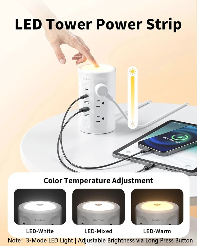 Alt view image 4 of 7 - Power Strip Tower with Night Light, Surge Protector Power Strip with USB Ports, 10 FT Extension Cord with Multiple Outlets (12AC+3A+2C) for Home Office Desk DormRoom (White)