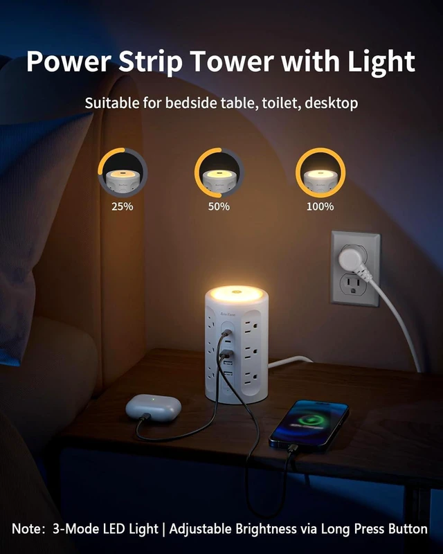 Alt view image 5 of 7 - Power Strip Tower with Night Light, Surge Protector Power Strip with USB Ports, 10 FT Extension Cord with Multiple Outlets (12AC+3A+2C) for Home Office Desk DormRoom (White)