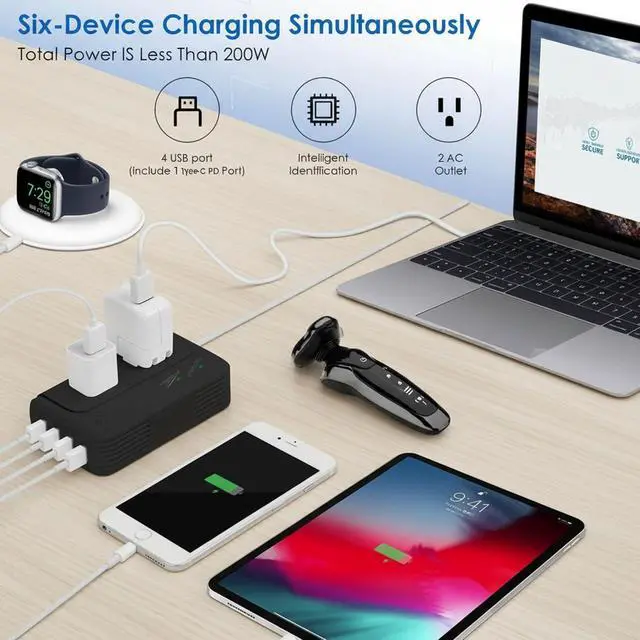 Alt view image 2 of 7 - International Travel Adapter & Voltage Converter 220V to 110V, 2 Standard AC outlets, 5 adaptors (US Power Cable, Type C/L/I/M/G), Fast Charging Type-C Port, & 3 USB Ports