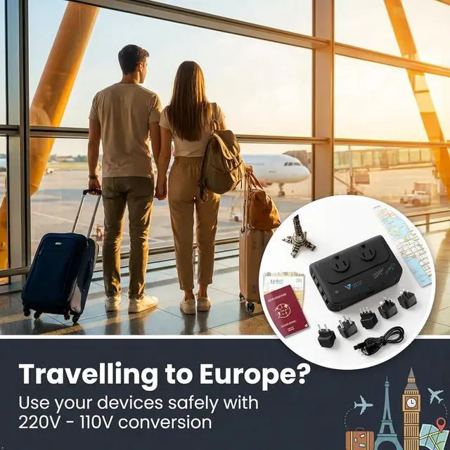 Alt view image 3 of 7 - International Travel Adapter & Voltage Converter 220V to 110V, 2 Standard AC outlets, 5 adaptors (US Power Cable, Type C/L/I/M/G), Fast Charging Type-C Port, & 3 USB Ports