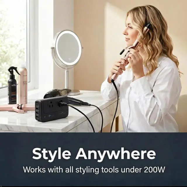 Alt view image 4 of 7 - International Travel Adapter & Voltage Converter 220V to 110V, 2 Standard AC outlets, 5 adaptors (US Power Cable, Type C/L/I/M/G), Fast Charging Type-C Port, & 3 USB Ports