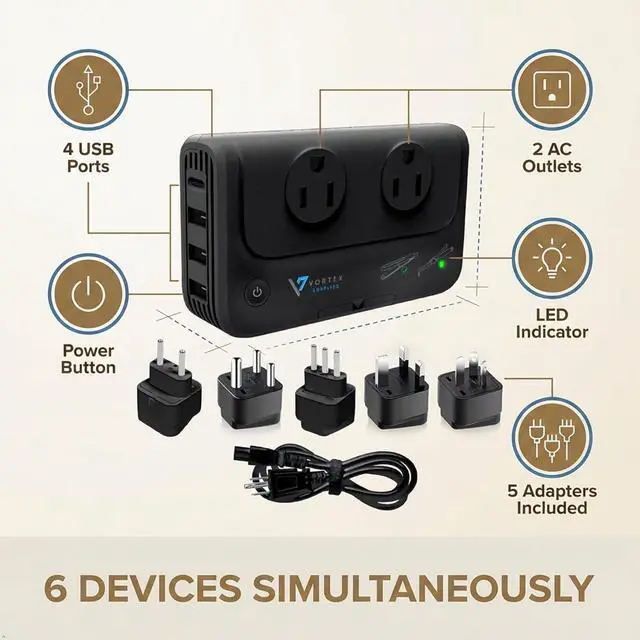 Alt view image 7 of 7 - International Travel Adapter & Voltage Converter 220V to 110V, 2 Standard AC outlets, 5 adaptors (US Power Cable, Type C/L/I/M/G), Fast Charging Type-C Port, & 3 USB Ports
