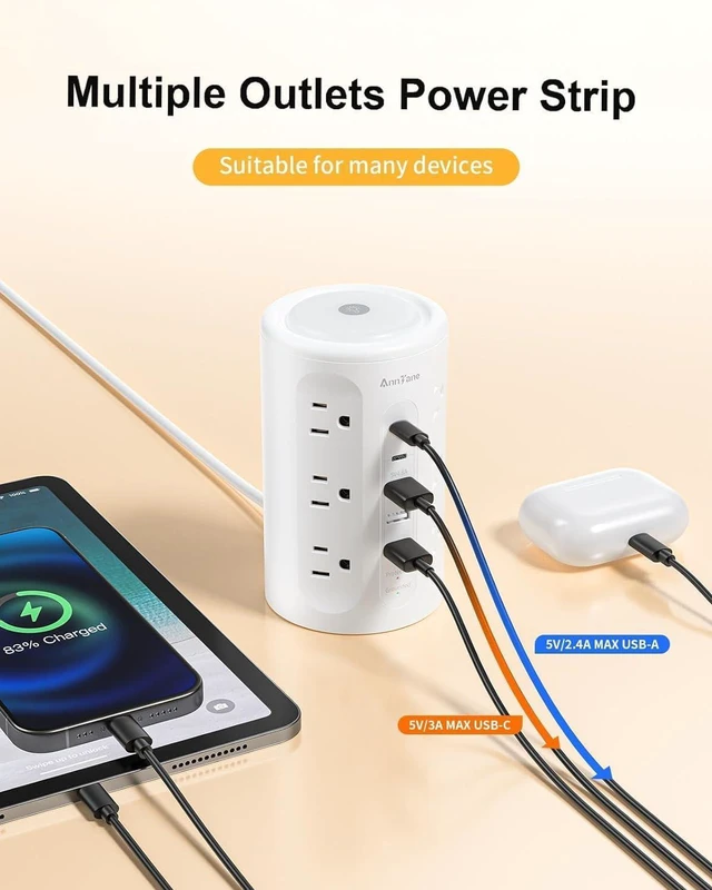 Alt view image 6 of 7 - Power Strip Tower with Night Light, Surge Protector Power Strip with USB Ports, 10 FT Extension Cord with Multiple Outlets (12AC+3A+2C) for Home Office Desk DormRoom (White)