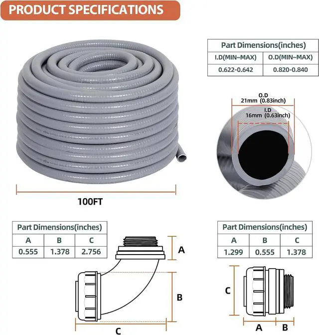 Alt view image 2 of 7 - 1/2" 100ft Liquid-Tight PVC Conduit Kit UL Certified | Grey, 5 Straight & 5 90-Degree Fittings, Flexible, Easy Installation, Multi-Application