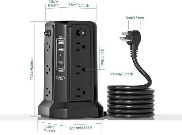 Alt view image 6 of 7 - PASSUS Tower Power Bar with Surge Protector,10FT Long Extension Cord Indoor,Power Strip with 12 AC Multiple Outlet and 5USB(1USB C) Ports, Desk Charging Station for Dorm Home Office Essentials