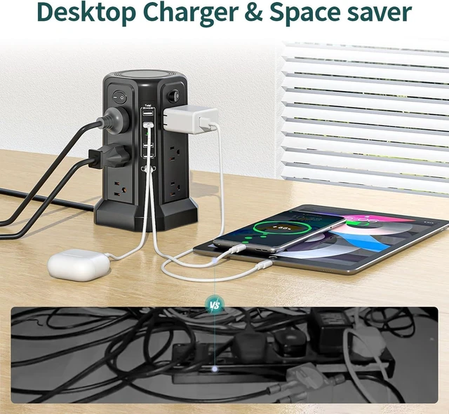 Alt view image 7 of 7 - PASSUS Tower Power Bar with Surge Protector,10FT Long Extension Cord Indoor,Power Strip with 12 AC Multiple Outlet and 5USB(1USB C) Ports, Desk Charging Station for Dorm Home Office Essentials
