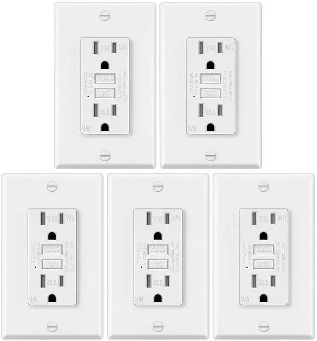 Main image of ELECTECK 5 Pack GFCI Outlets 15 Amp, Outdoor Weather Resistant (WR), Decor GFI Receptacles with LED Indicator, Ground Fault Circuit Interrupter, Wallplate Included, ETL Certified, White