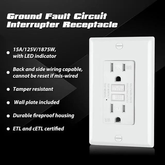 Alt view image 2 of 7 - ELECTECK 5 Pack GFCI Outlets 15 Amp, Outdoor Weather Resistant (WR), Decor GFI Receptacles with LED Indicator, Ground Fault Circuit Interrupter, Wallplate Included, ETL Certified, White