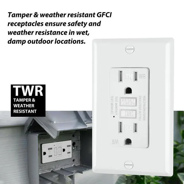 Alt view image 6 of 7 - ELECTECK 5 Pack GFCI Outlets 15 Amp, Outdoor Weather Resistant (WR), Decor GFI Receptacles with LED Indicator, Ground Fault Circuit Interrupter, Wallplate Included, ETL Certified, White
