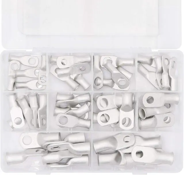 Alt view image 3 of 7 - Battery Cable Ends Terminal Connectors Wire Copper Lugs Assortment Kit AWG 8 6 4 2 1/0 Gauge 5/16 3/8 Tinned Crimp Marine Ring Eyelets-10 Sizes 50PCS