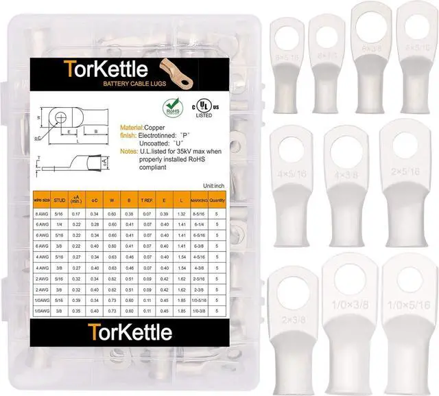 Alt view image 5 of 7 - Battery Cable Ends Terminal Connectors Wire Copper Lugs Assortment Kit AWG 8 6 4 2 1/0 Gauge 5/16 3/8 Tinned Crimp Marine Ring Eyelets-10 Sizes 50PCS
