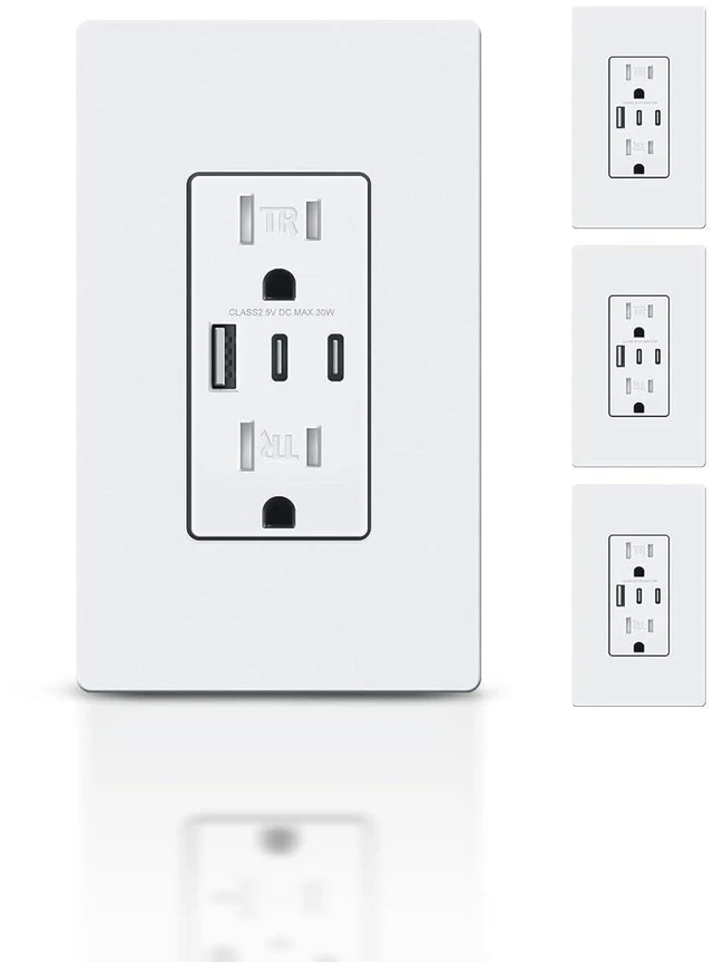 Main image of TOPELER 4Pack USB Outlet, 30W 6.0A USB C Wall Receptacle with 3 USB Port, 15 Amp TR Receptacle with Type A & Type C USB Charging Ports, ETL & FCC Listed, Screwless Wall Plate Included, White