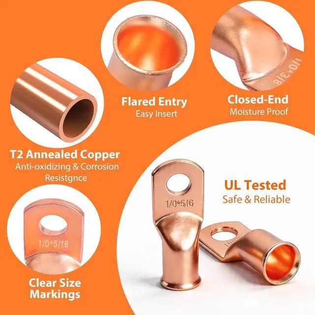 Alt view image 3 of 7 - Kuject 220PCS Battery Cable Ends 2/0 1/0 1 2 4 6 8 AWG Gauge, 110PCS Heavy Duty Copper Wire Lugs Kit, Battery Cable Terminal Connectors Assortment with 110PCS 3:1 Heat Shrink Tubing