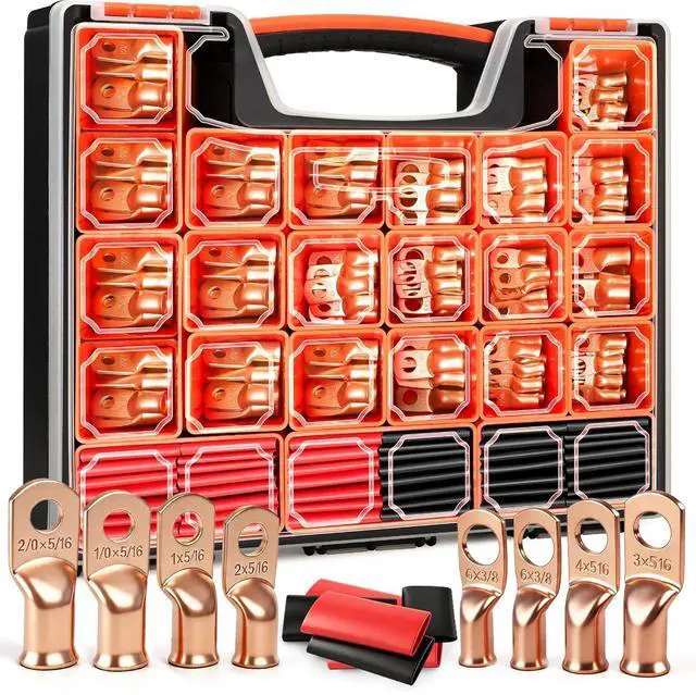 Main image of Kuject 220PCS Battery Cable Ends 2/0 1/0 1 2 4 6 8 AWG Gauge, 110PCS Heavy Duty Copper Wire Lugs Kit, Battery Cable Terminal Connectors Assortment with 110PCS 3:1 Heat Shrink Tubing