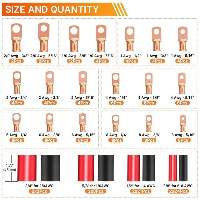 Alt view image 2 of 7 - Kuject 220PCS Battery Cable Ends 2/0 1/0 1 2 4 6 8 AWG Gauge, 110PCS Heavy Duty Copper Wire Lugs Kit, Battery Cable Terminal Connectors Assortment with 110PCS 3:1 Heat Shrink Tubing