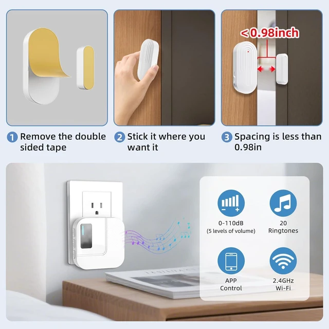 Alt view image 7 of 7 - Door Chime,Sanjie WiFi Door Sensor Open Chime When Entering for Business/Home/Store/Office Alert Your Phone,Alarms for Kids Safety,500 ft Range,20 Ringtones,1 Receiver 2 Sensors White