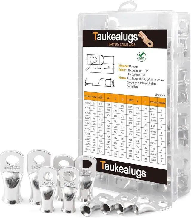 Alt view image 7 of 7 - Battery Cable Ends Terminal Connectors Wire Copper Lugs Assortment Kit AWG 8 6 4 2 1/0 Gauge 5/16 3/8 Tinned Crimp Marine Ring Eyelets-10 Sizes 50PCS