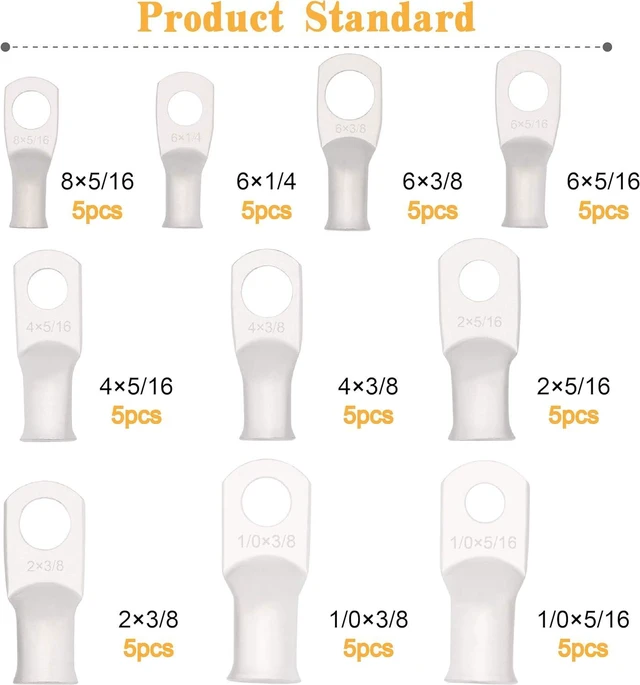 Alt view image 2 of 6 - Battery Cable Ends Terminal Connectors Wire Copper Lugs Assortment Kit AWG 8 6 4 2 1/0 Gauge 5/16 3/8 Tinned Crimp Marine Ring Eyelets-10 Sizes 50PCS