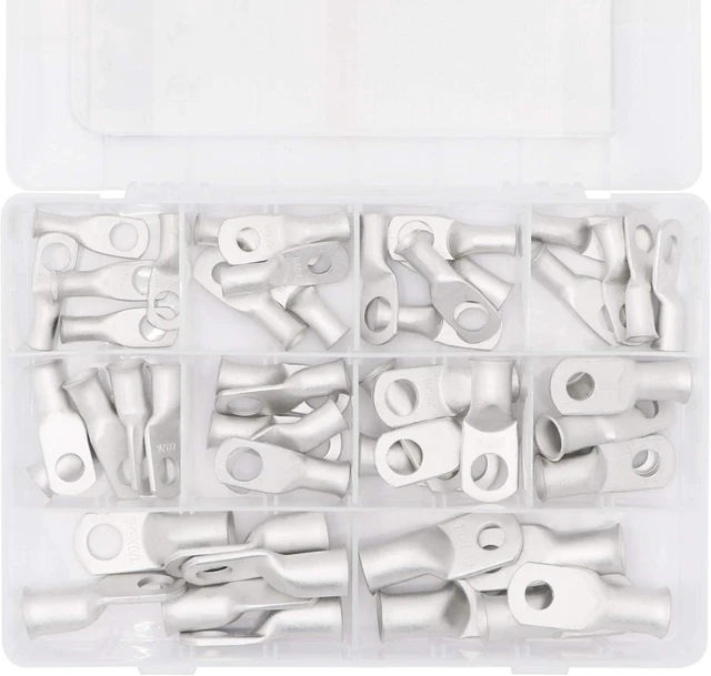 Alt view image 3 of 6 - Battery Cable Ends Terminal Connectors Wire Copper Lugs Assortment Kit AWG 8 6 4 2 1/0 Gauge 5/16 3/8 Tinned Crimp Marine Ring Eyelets-10 Sizes 50PCS