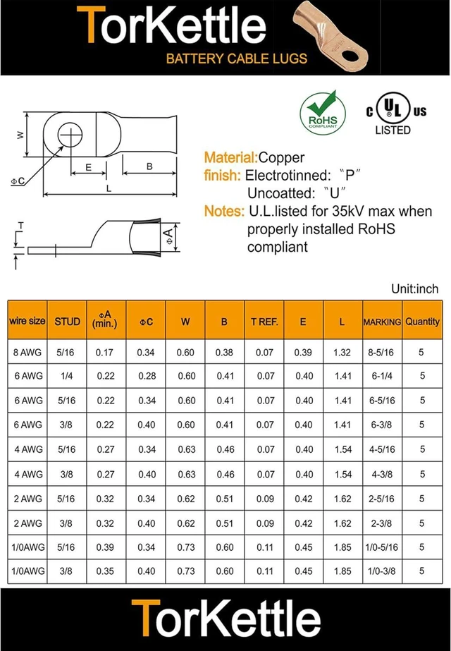 Alt view image 4 of 6 - Battery Cable Ends Terminal Connectors Wire Copper Lugs Assortment Kit AWG 8 6 4 2 1/0 Gauge 5/16 3/8 Tinned Crimp Marine Ring Eyelets-10 Sizes 50PCS