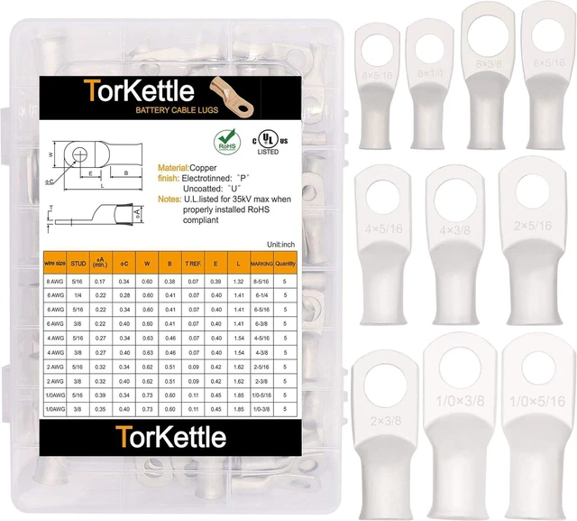 Alt view image 5 of 6 - Battery Cable Ends Terminal Connectors Wire Copper Lugs Assortment Kit AWG 8 6 4 2 1/0 Gauge 5/16 3/8 Tinned Crimp Marine Ring Eyelets-10 Sizes 50PCS