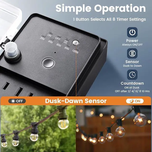 Alt view image 2 of 7 - SURAIELEC Outdoor Power Stake, Dusk to Dawn Light Timer, 15FT Extension Cord Multiple Outlet; 6 Electrical Outlet Power Strip Weatherproof, for Patio Lights, Sprinkler, Garden, Christmas Decorations