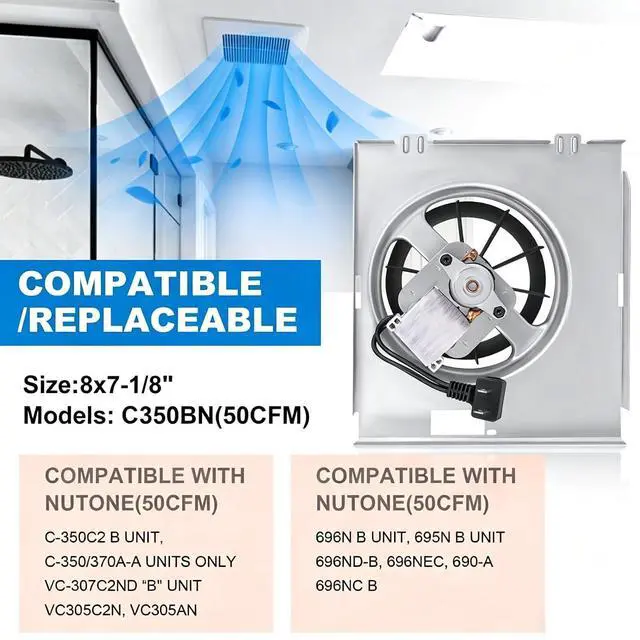 Alt view image 3 of 7 - C350BN B Unit 50CFM Fan Compatible with Nutone 696N(695) B Unit, C-350C2/VC-307C2ND B Unit, C-350/370A-A Units Only, VC305AN, VC305C2N, 690-A, 696NC Bathroom Exhaust Copper Motor Assembly