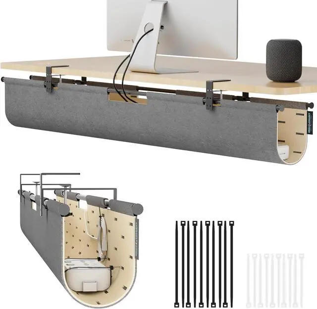 Main image of No Drill Under Desk Cable Management Tray, 45.2" Large Felt Cord Organizer with Pegboard-Style Design, Power Strip Holder, Privacy Panel for Standing Desk & Home Office, Clamp/Screw Mount(Gray/Khaki)