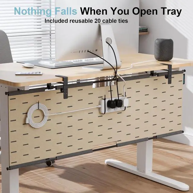 Alt view image 2 of 7 - No Drill Under Desk Cable Management Tray, 45.2" Large Felt Cord Organizer with Pegboard-Style Design, Power Strip Holder, Privacy Panel for Standing Desk & Home Office, Clamp/Screw Mount(Gray/Khaki)