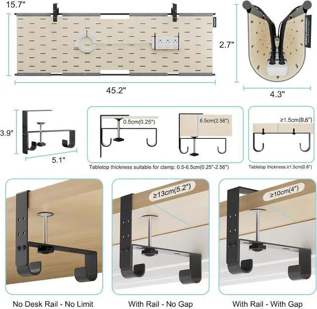 Alt view image 5 of 7 - No Drill Under Desk Cable Management Tray, 45.2" Large Felt Cord Organizer with Pegboard-Style Design, Power Strip Holder, Privacy Panel for Standing Desk & Home Office, Clamp/Screw Mount(Gray/Khaki)