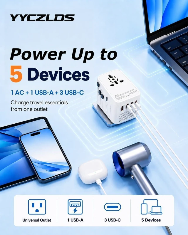 Alt view image 5 of 7 - Universal Travel Adapter European Plug Adaptateur Prise Europe Canada Voltage Converter 220v to 110v Power International Accessories Smart UK Essentials Type C G Worldwide (White)