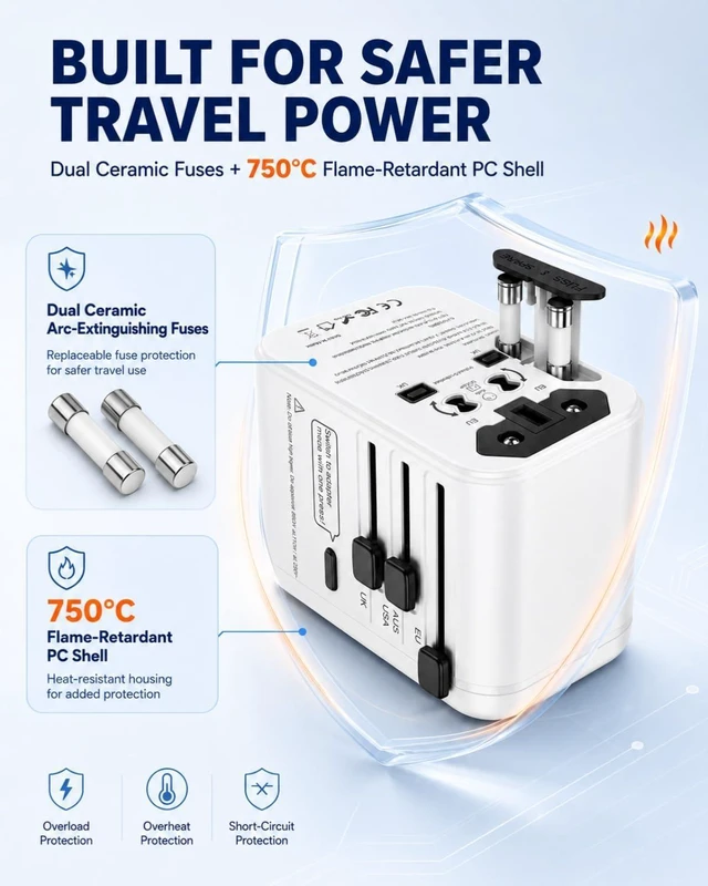 Alt view image 6 of 7 - Universal Travel Adapter European Plug Adaptateur Prise Europe Canada Voltage Converter 220v to 110v Power International Accessories Smart UK Essentials Type C G Worldwide (White)