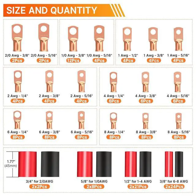 Alt view image 2 of 7 - 220PCS Battery Cable Ends AWG 2/0 1/0 1 2 4 6 8 Gauge, 110PCS Heavy Duty Copper Wire Lugs Kit, Battery Cable Terminal Connectors Assortment with 110PCS 3:1 Heat Shrink Tubing