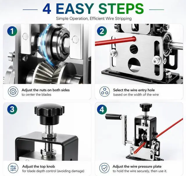 Alt view image 6 of 7 - Wire Stripper Machine, 0.06"-1" Wire Stripping Machine with Replacement Blades Support Hand Crank or Drill Powered, Portable Aluminum Alloy Wire Peeling Tool for Scrap Copper Recycling