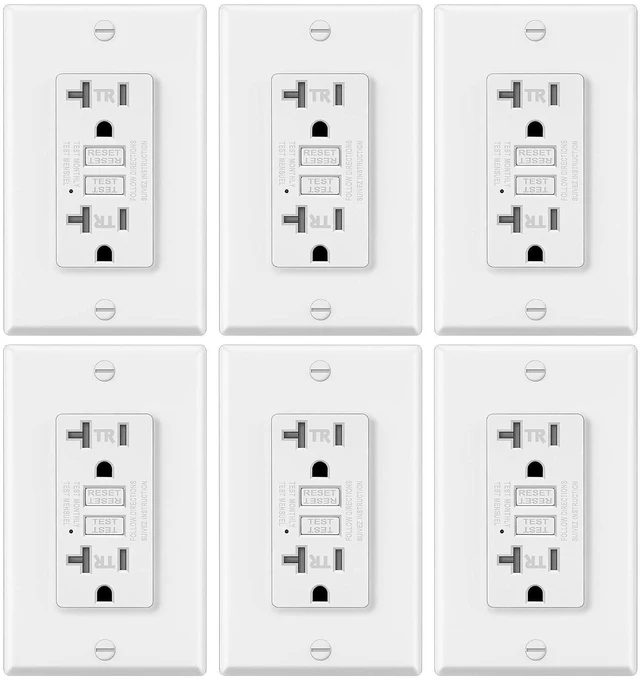 Main image of ELECTECK 6 Pack GFCI Outlets 20 Amp, Tamper Resistant (TR), Decor GFI Receptacles with LED Indicator, Ground Fault Circuit Interrupter, Decorative Wallplate Included, ETL Certified, White