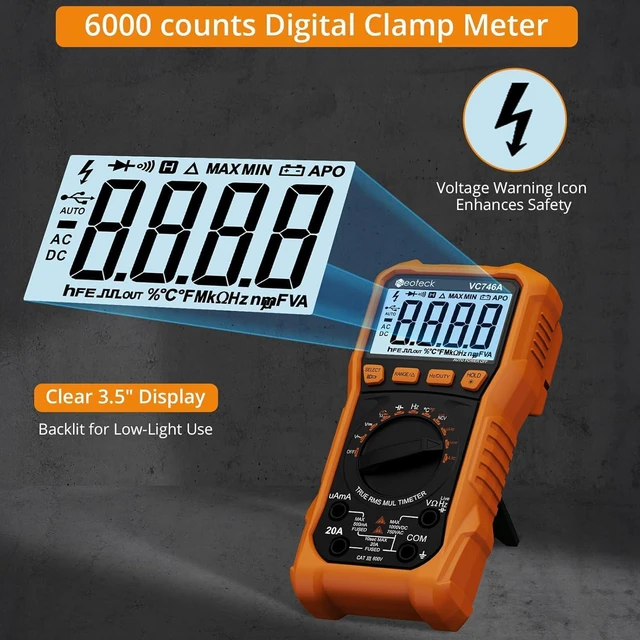 Alt view image 3 of 7 - Neoteck 6000 Counts Digital Multimeter for DC AC Voltage/Current TRMS Voltmeter with Test Probe Auto Range Multimeter with NCV Live for Temperature Capacitance Resistance Diode Continuity Orange