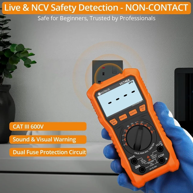 Alt view image 4 of 7 - Neoteck 6000 Counts Digital Multimeter for DC AC Voltage/Current TRMS Voltmeter with Test Probe Auto Range Multimeter with NCV Live for Temperature Capacitance Resistance Diode Continuity Orange