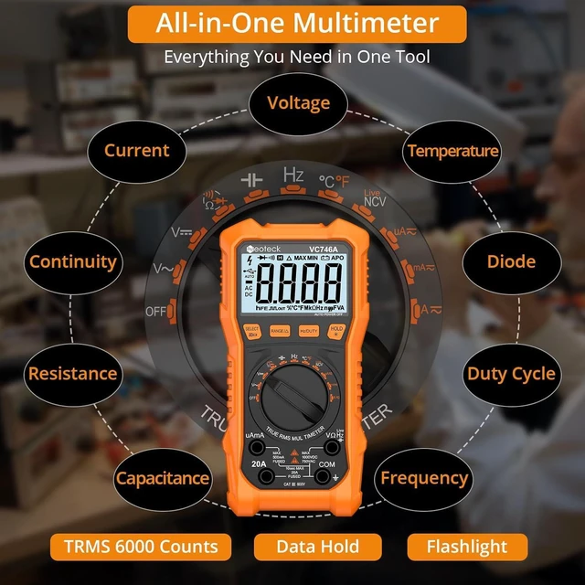 Alt view image 5 of 7 - Neoteck 6000 Counts Digital Multimeter for DC AC Voltage/Current TRMS Voltmeter with Test Probe Auto Range Multimeter with NCV Live for Temperature Capacitance Resistance Diode Continuity Orange