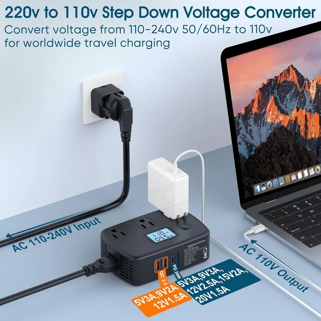 Alt view image 2 of 7 - Voltage Converter 220v to 110v Power Converter 250W with LCD Display + PD30W + QC3.0 + AC Outlets, Universal Travel Adapter for Europe/UK/AUS/Asia/Italy/India/S.Africa