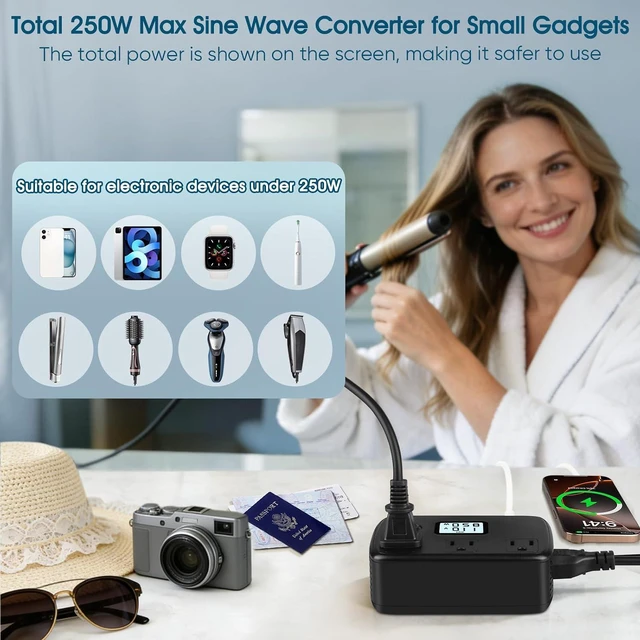 Alt view image 5 of 7 - Voltage Converter 220v to 110v Power Converter 250W with LCD Display + PD30W + QC3.0 + AC Outlets, Universal Travel Adapter for Europe/UK/AUS/Asia/Italy/India/S.Africa