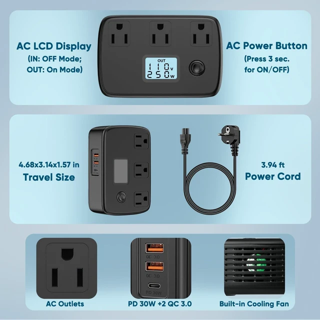 Alt view image 7 of 7 - Voltage Converter 220v to 110v Power Converter 250W with LCD Display + PD30W + QC3.0 + AC Outlets, Universal Travel Adapter for Europe/UK/AUS/Asia/Italy/India/S.Africa