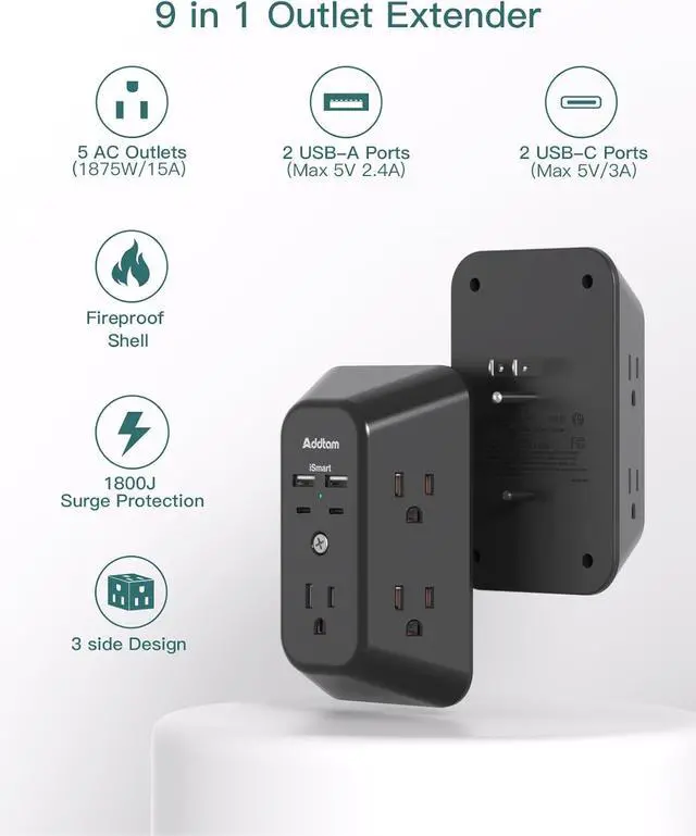 Alt view image 2 of 7 - Addtam Outlet Extender 2-Pack, Power Bars with Surge Protector 1800J, 3-Side USB Wall Charging Station, Multi Plug Outlet 4 USB Ports(2 USB C) for Home Office Travel, Black