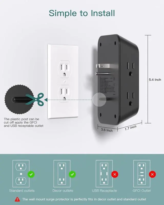 Alt view image 5 of 7 - Addtam Outlet Extender 2-Pack, Power Bars with Surge Protector 1800J, 3-Side USB Wall Charging Station, Multi Plug Outlet 4 USB Ports(2 USB C) for Home Office Travel, Black